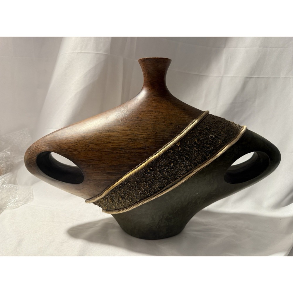 Vintage Sculptural Vase Vessel Faux Wood Green Resin Rope Trim 16" Decor